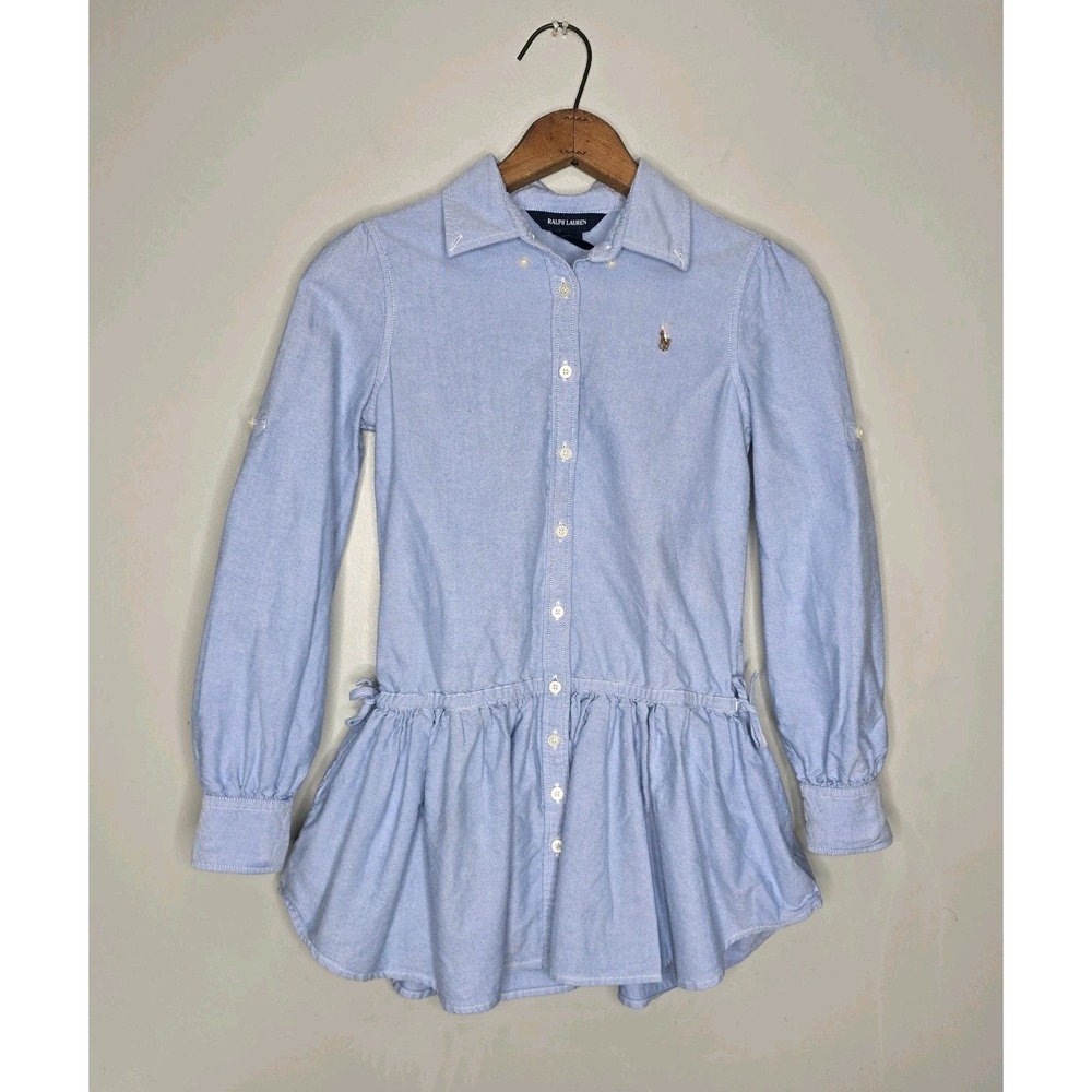 Ralph Lauren Chambray Ruffled Shirt Dress Girls Blue Denim Drop Waist Logo Sz 10